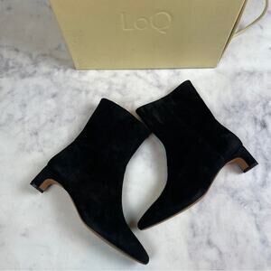 LOQ Silvia Black Suede Kitten Heel Boots Square Toe NWB Sz 39/ 8.5